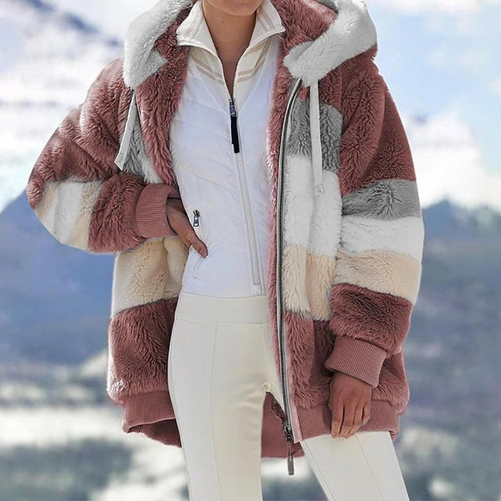 2025 Winterjack van pluche met colorblock-capuchon en zakken voor dames