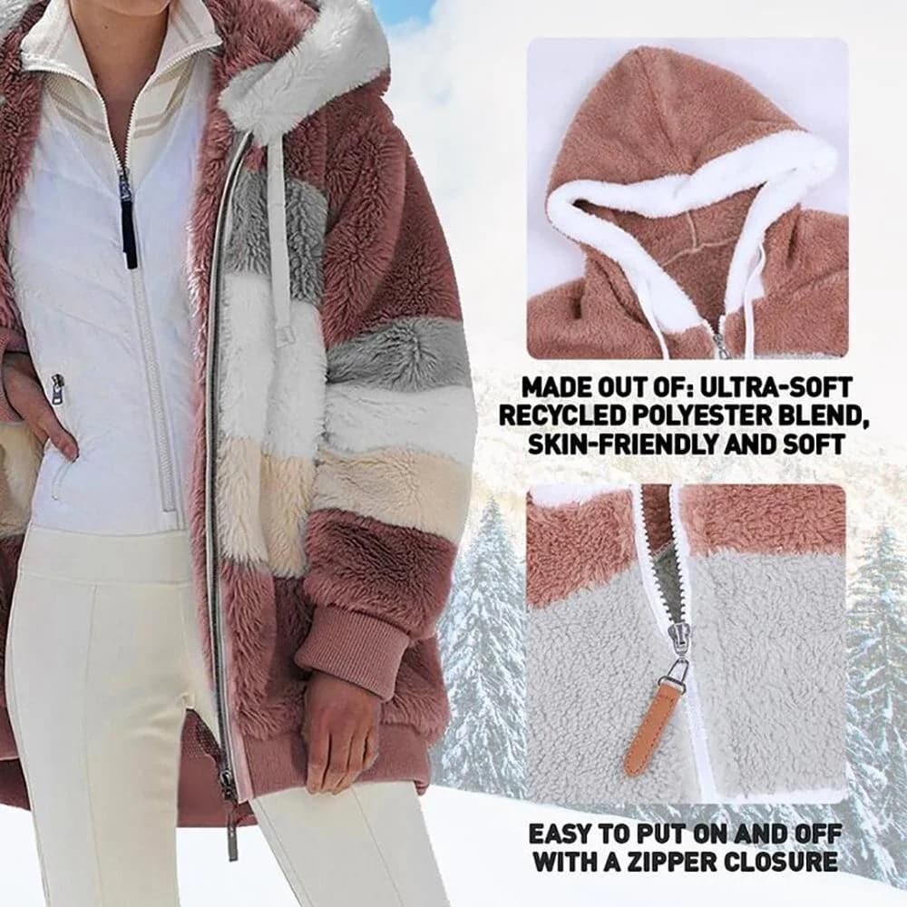 2025 Winterjack van pluche met colorblock-capuchon en zakken voor dames