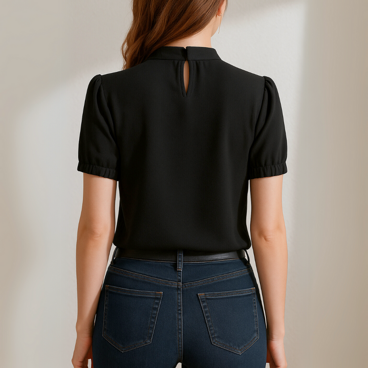 Inge™ | Zwarte Geplooide Blouse Met Gespleten Mouwen