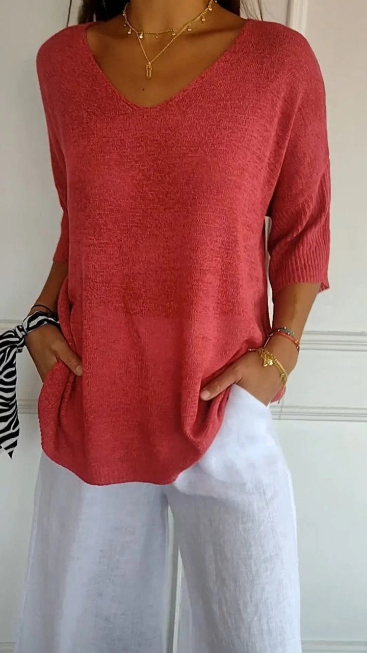 Mia | Effen kleur gebreide top met V-hals