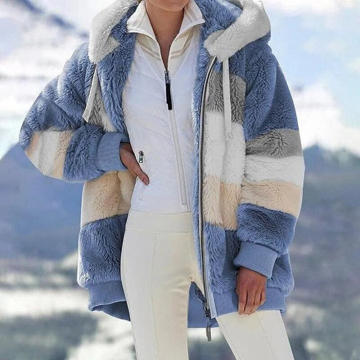 2025 Winterjack van pluche met colorblock-capuchon en zakken voor dames