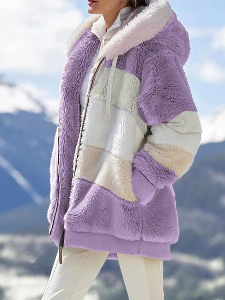 2025 Winterjack van pluche met colorblock-capuchon en zakken voor dames