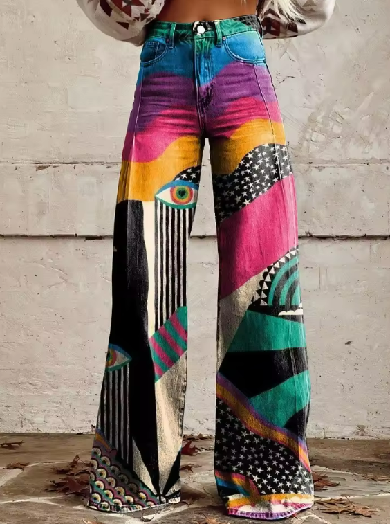 TALIA | Boho-stijl flared broek met hoge taille en festivalkunstlook