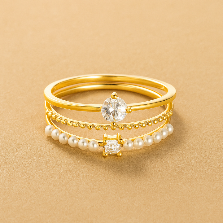 Sierlijke 3-delige ringenset - Zirkonia & Parels