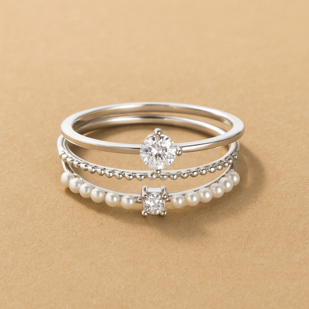 Sierlijke 3-delige ringenset - Zirkonia & Parels