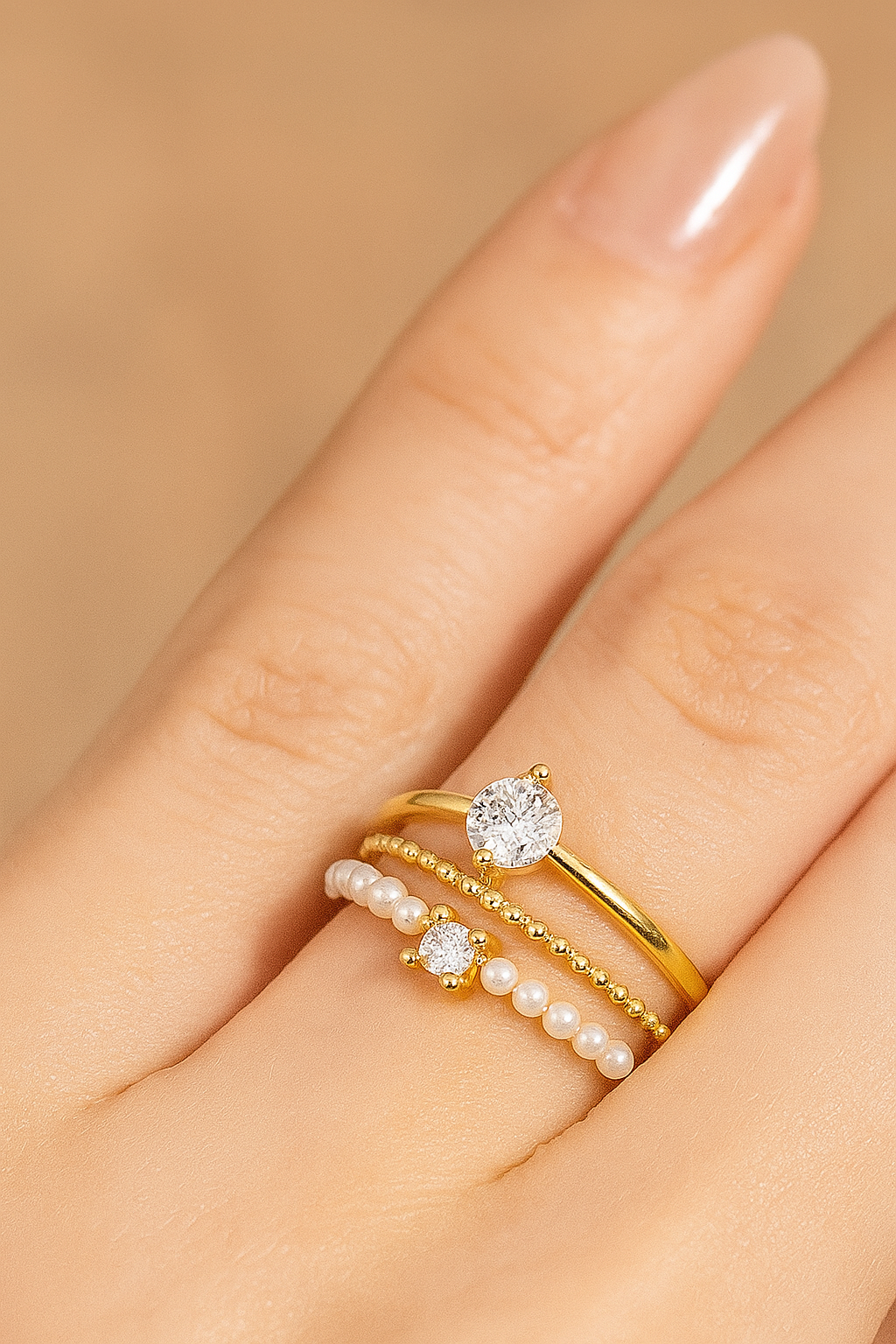Sierlijke 3-delige ringenset - Zirkonia & Parels