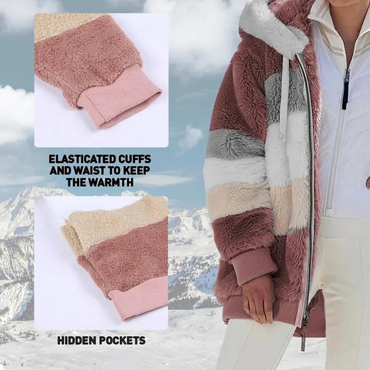 2025 Winterjack van pluche met colorblock-capuchon en zakken voor dames