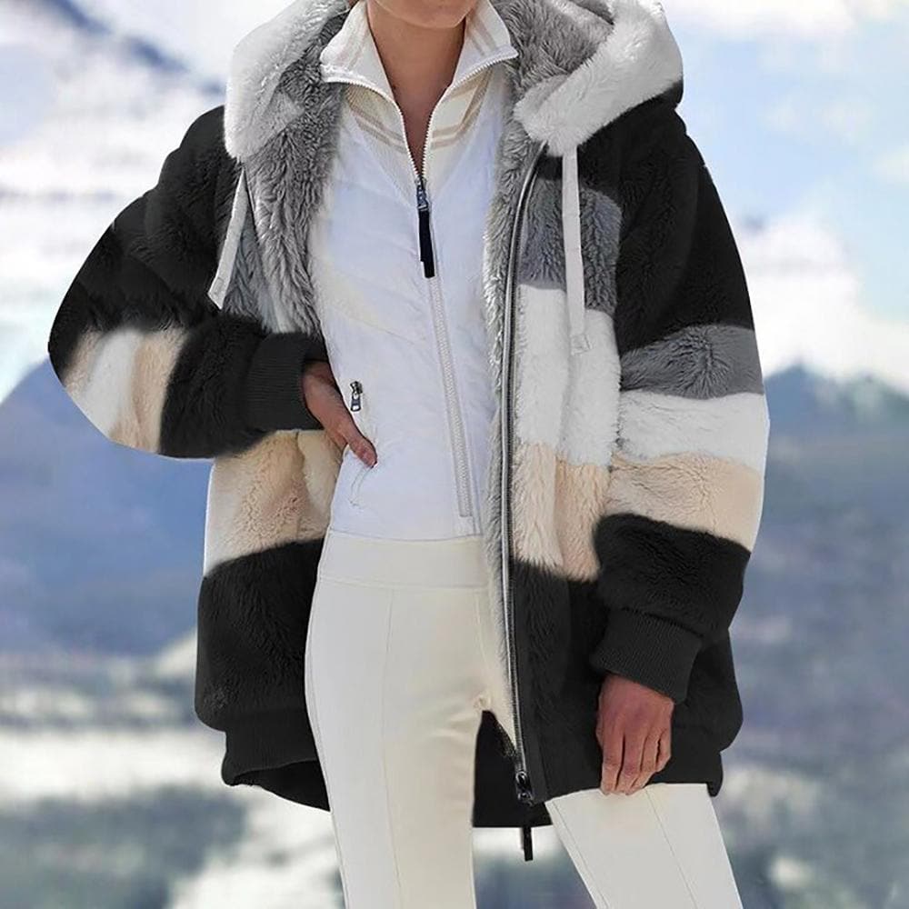 2025 Winterjack van pluche met colorblock-capuchon en zakken voor dames