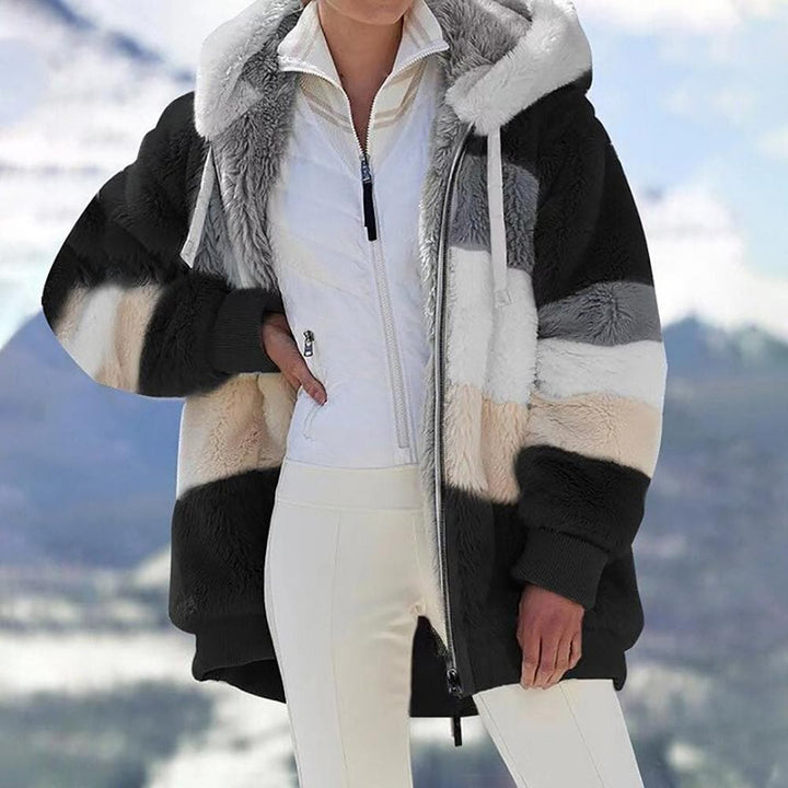 2025 Winterjack van pluche met colorblock-capuchon en zakken voor dames
