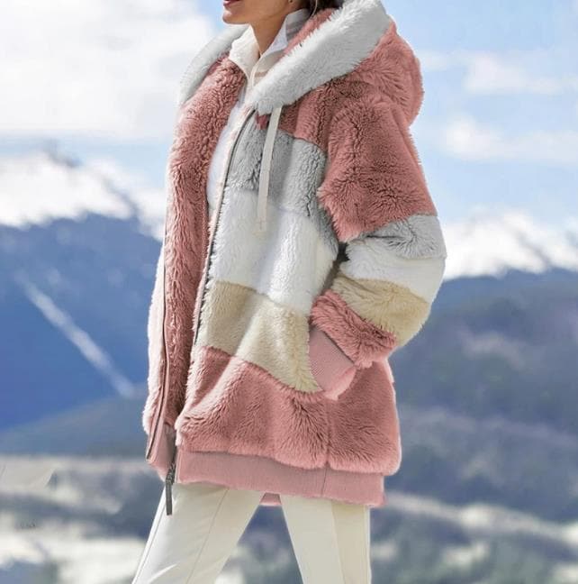 2025 Winterjack van pluche met colorblock-capuchon en zakken voor dames