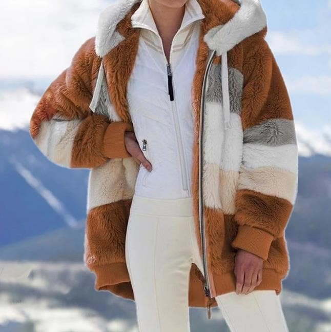 2025 Winterjack van pluche met colorblock-capuchon en zakken voor dames