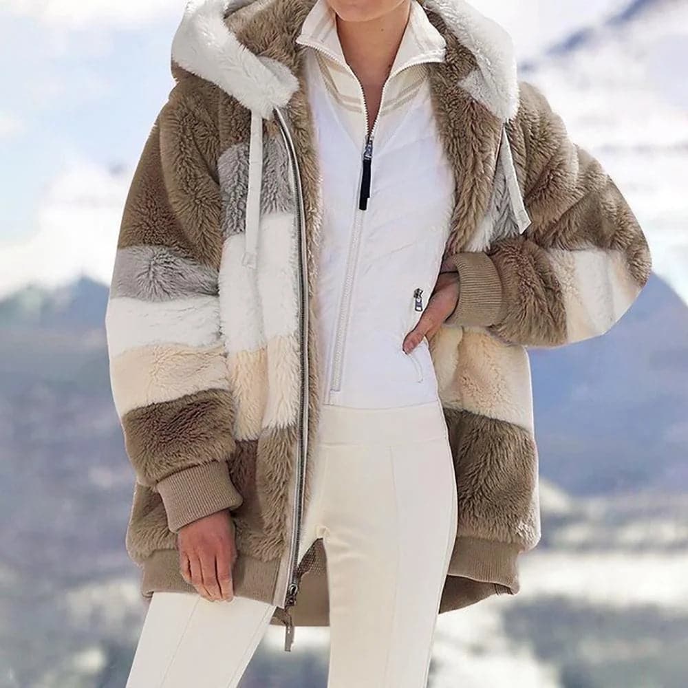 2025 Winterjack van pluche met colorblock-capuchon en zakken voor dames