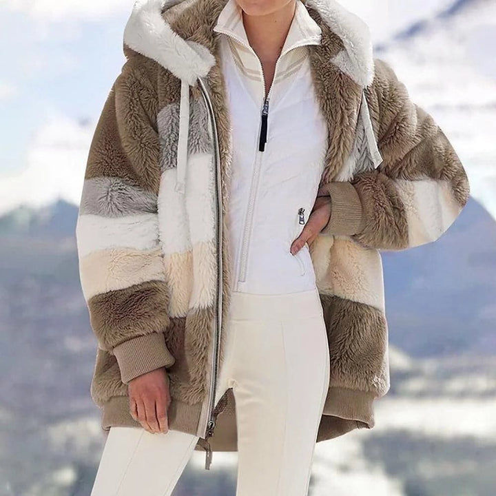2025 Winterjack van pluche met colorblock-capuchon en zakken voor dames