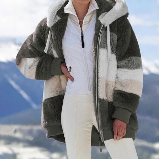 2025 Winterjack van pluche met colorblock-capuchon en zakken voor dames