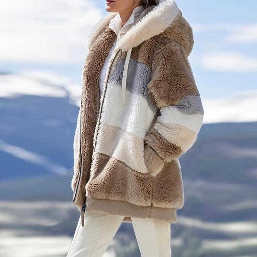 2025 Winterjack van pluche met colorblock-capuchon en zakken voor dames
