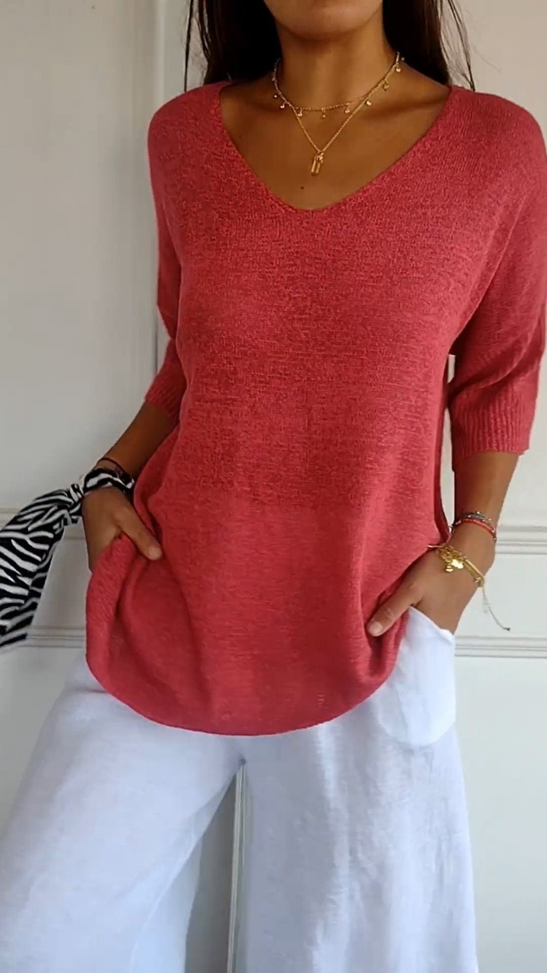 Mia | Effen kleur gebreide top met V-hals